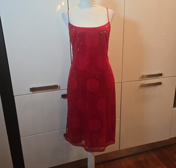 Kay Unger Sequins Polka Dot Sleeveless Slip Dress Womens Size 10 Red - Picture 1 of 10